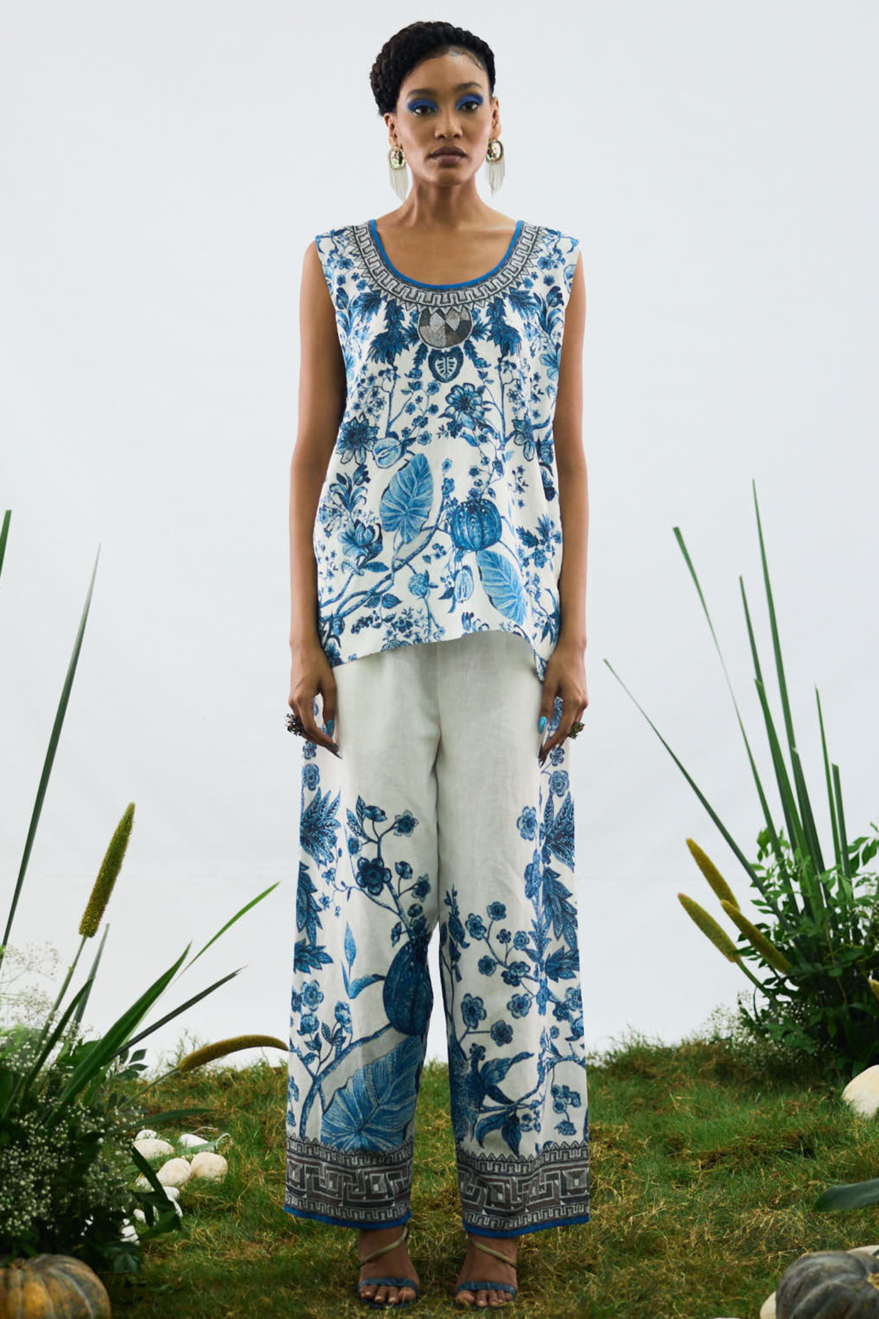 Blue & White Cotton Linen Printed Camisole by Rajdeep Ranawat at Pernia's Pop Up Shop