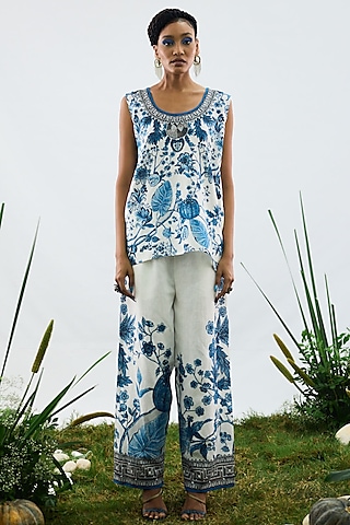 Blue & White Cotton Linen Printed Camisole by Rajdeep Ranawat