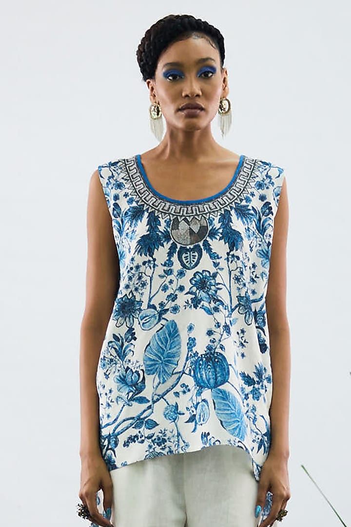 Blue & White Cotton Linen Printed Camisole by Rajdeep Ranawat at Pernia's Pop Up Shop