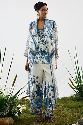 Blue & White Cotton Linen Pants by Rajdeep Ranawat