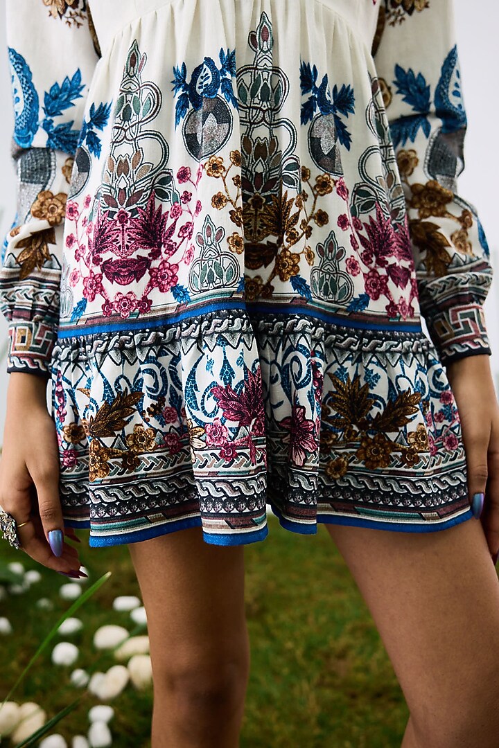White Cotton Linen Flex Printed Mini Vacation Dress by Rajdeep Ranawat at Pernia's Pop Up Shop