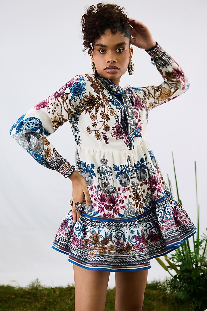 White Cotton Linen Flex Printed Mini Vacation Dress by Rajdeep Ranawat at Pernia's Pop Up Shop