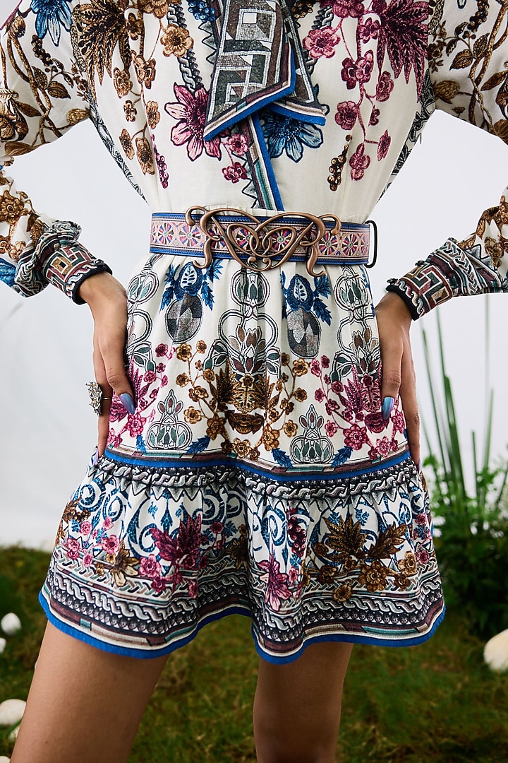 White Vegan Leather Printed Belt by Rajdeep Ranawat at Pernia's Pop Up Shop