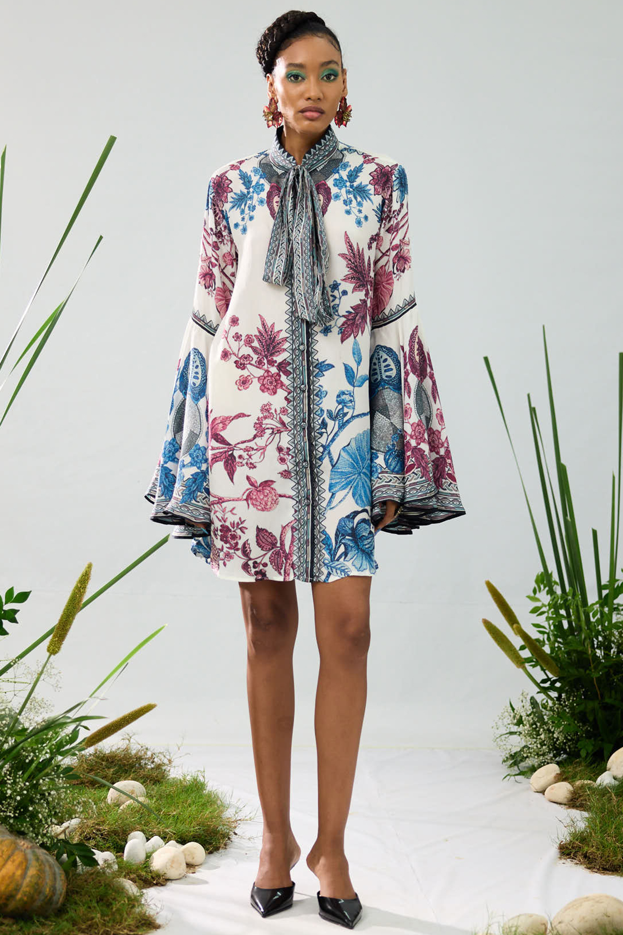 Blue & Raspberry Silk Printed Pleated Front Knot Shirt by Rajdeep Ranawat at Pernia's Pop Up Shop
