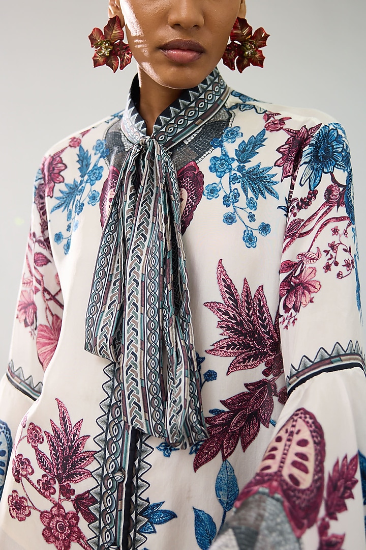 Blue & Raspberry Silk Printed Pleated Front Knot Shirt by Rajdeep Ranawat at Pernia's Pop Up Shop