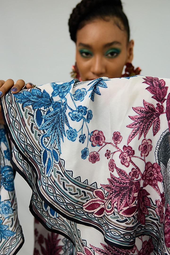 Blue & Raspberry Silk Printed Pleated Front Knot Shirt by Rajdeep Ranawat at Pernia's Pop Up Shop