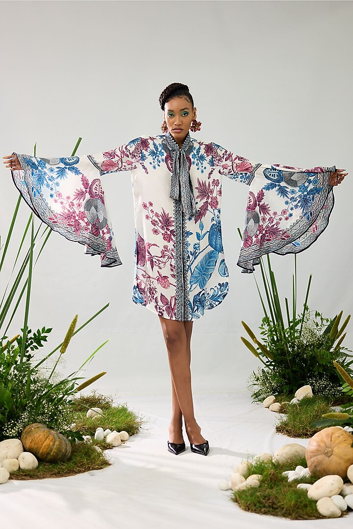 Blue & Raspberry Silk Printed Pleated Front Knot Shirt by Rajdeep Ranawat at Pernia's Pop Up Shop