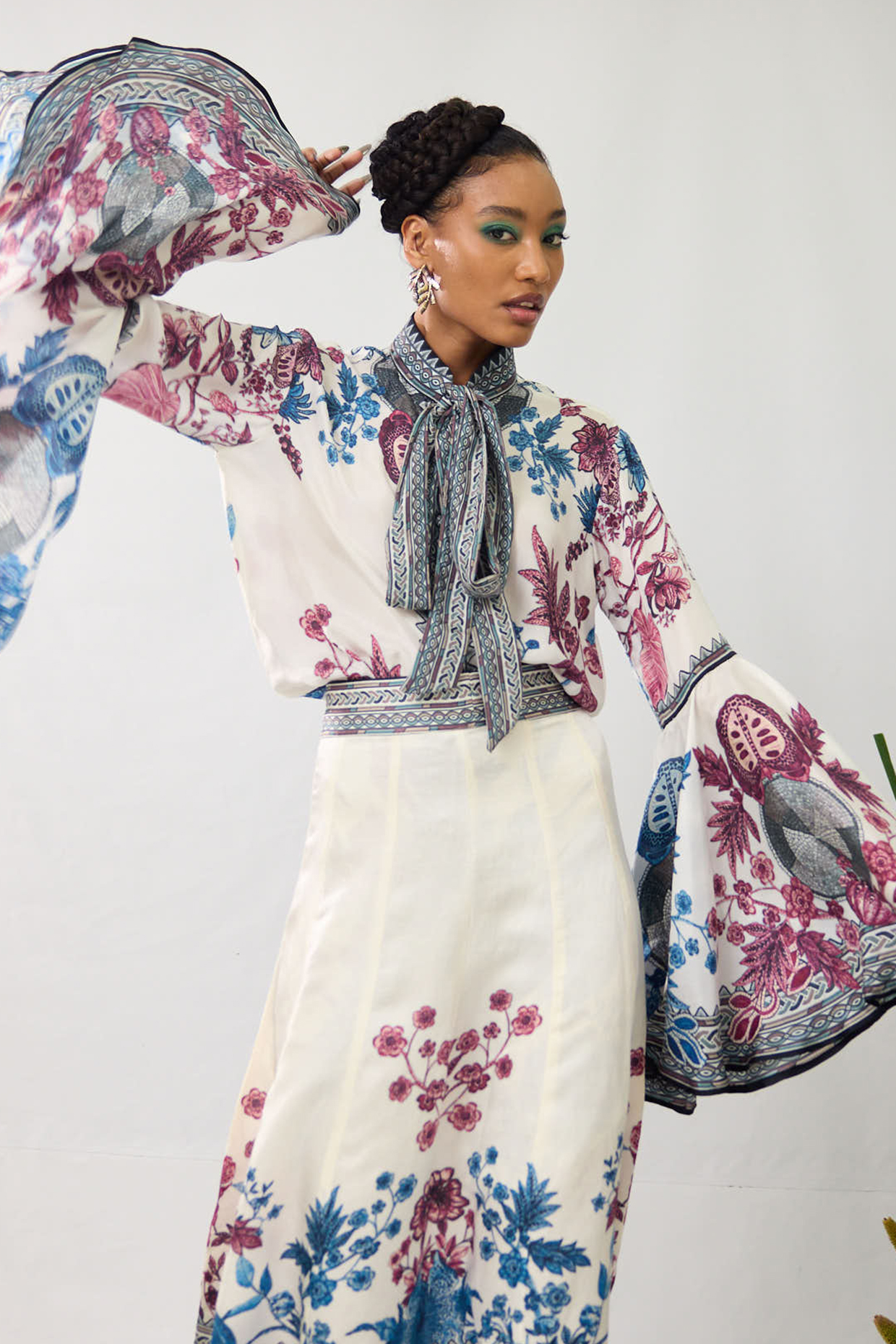 Blue & Raspberry Linen Satin Printed A-Line Skirt by Rajdeep Ranawat at Pernia's Pop Up Shop