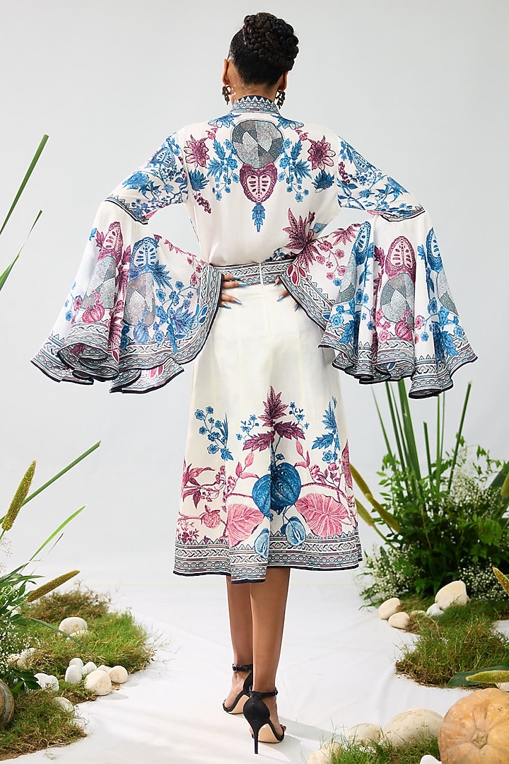 Blue & Raspberry Linen Satin Printed A-Line Skirt by Rajdeep Ranawat at Pernia's Pop Up Shop