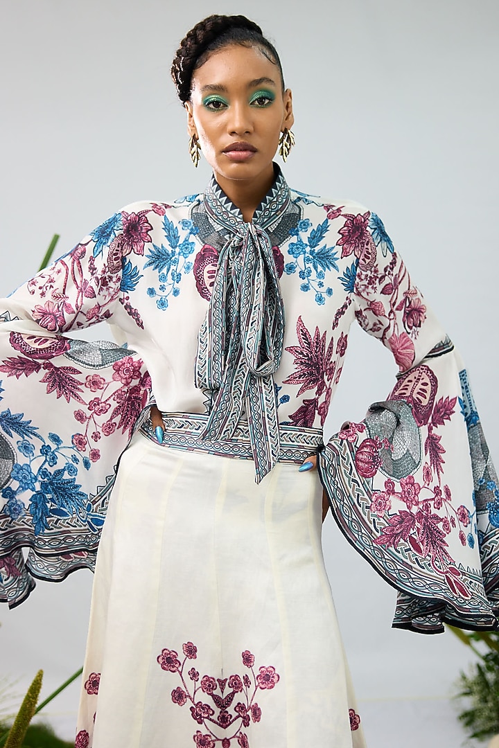 Blue & Raspberry Linen Satin Printed A-Line Skirt by Rajdeep Ranawat at Pernia's Pop Up Shop