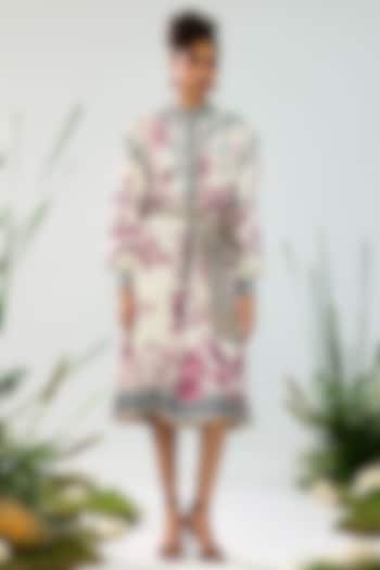 Ivory & Raspberry Linen Satin Printed Cocktail Shirt Dress by Rajdeep Ranawat at Pernia's Pop Up Shop