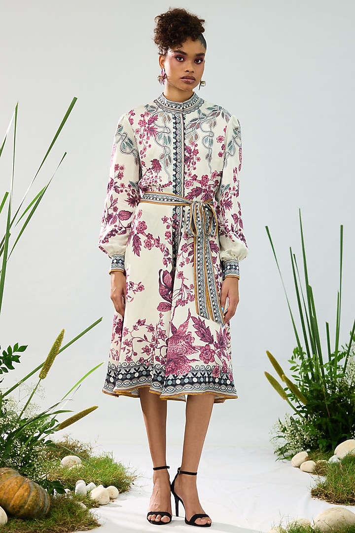 Ivory & Raspberry Linen Satin Printed Cocktail Shirt Dress by Rajdeep Ranawat at Pernia's Pop Up Shop