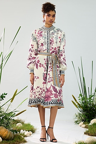 Ivory & Raspberry Linen Satin Printed Shirt Dress by Rajdeep Ranawat