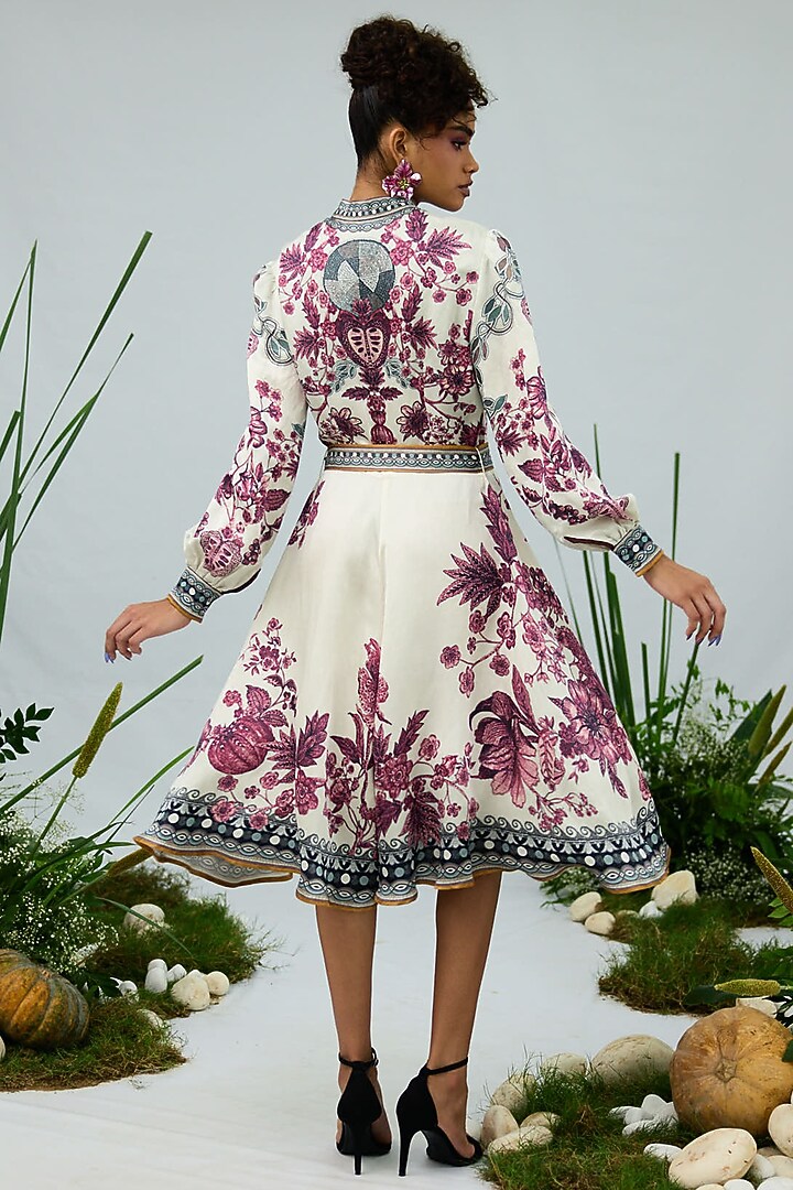 Ivory & Raspberry Linen Satin Printed Cocktail Shirt Dress by Rajdeep Ranawat at Pernia's Pop Up Shop