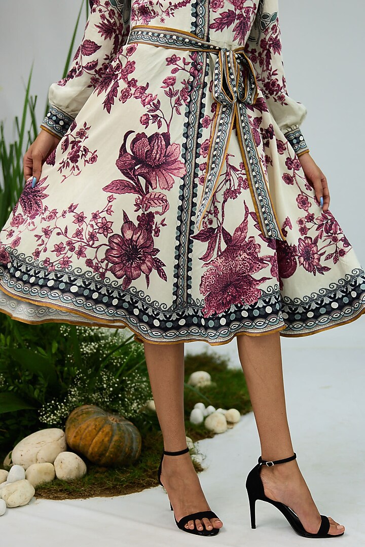 Ivory & Raspberry Linen Satin Printed Cocktail Shirt Dress by Rajdeep Ranawat at Pernia's Pop Up Shop