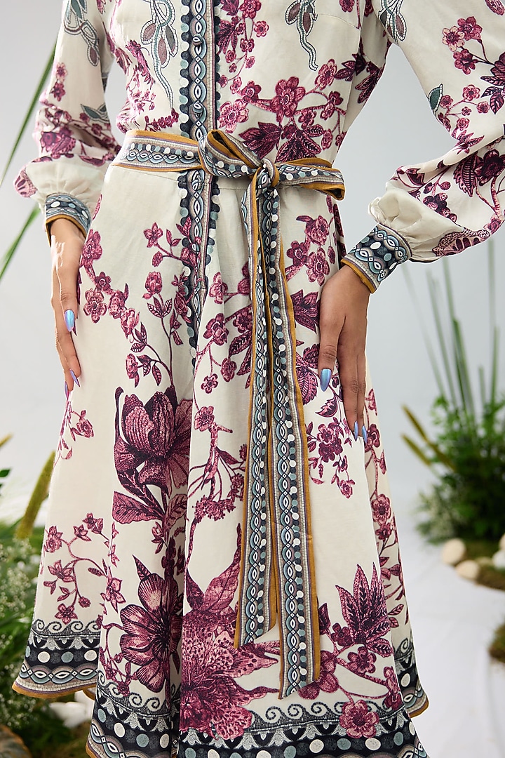 Ivory & Raspberry Linen Satin Printed Cocktail Shirt Dress by Rajdeep Ranawat at Pernia's Pop Up Shop