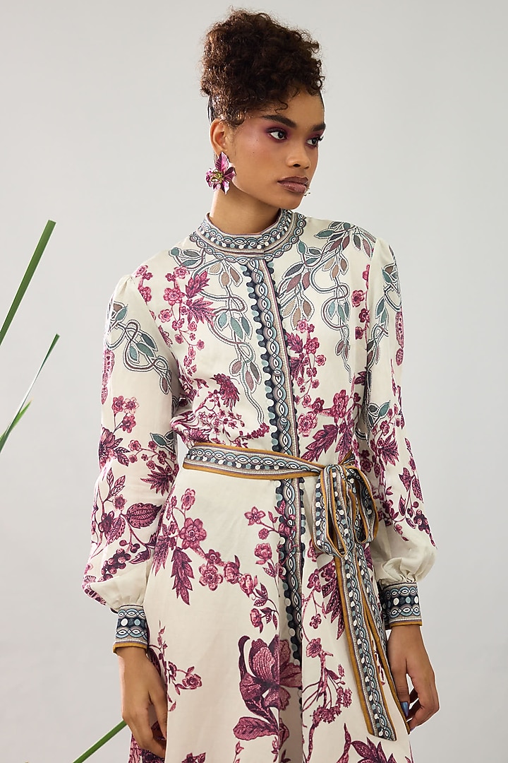 Ivory & Raspberry Linen Satin Printed Cocktail Shirt Dress by Rajdeep Ranawat at Pernia's Pop Up Shop