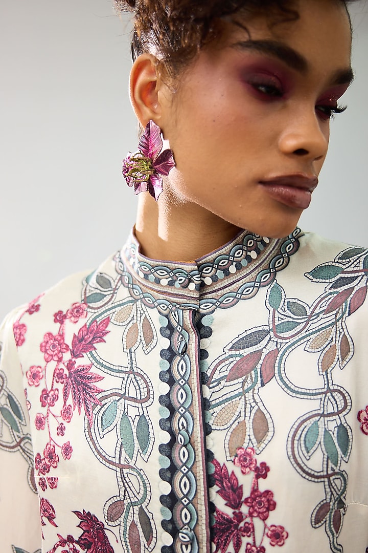 Ivory & Raspberry Linen Satin Printed Cocktail Shirt Dress by Rajdeep Ranawat at Pernia's Pop Up Shop