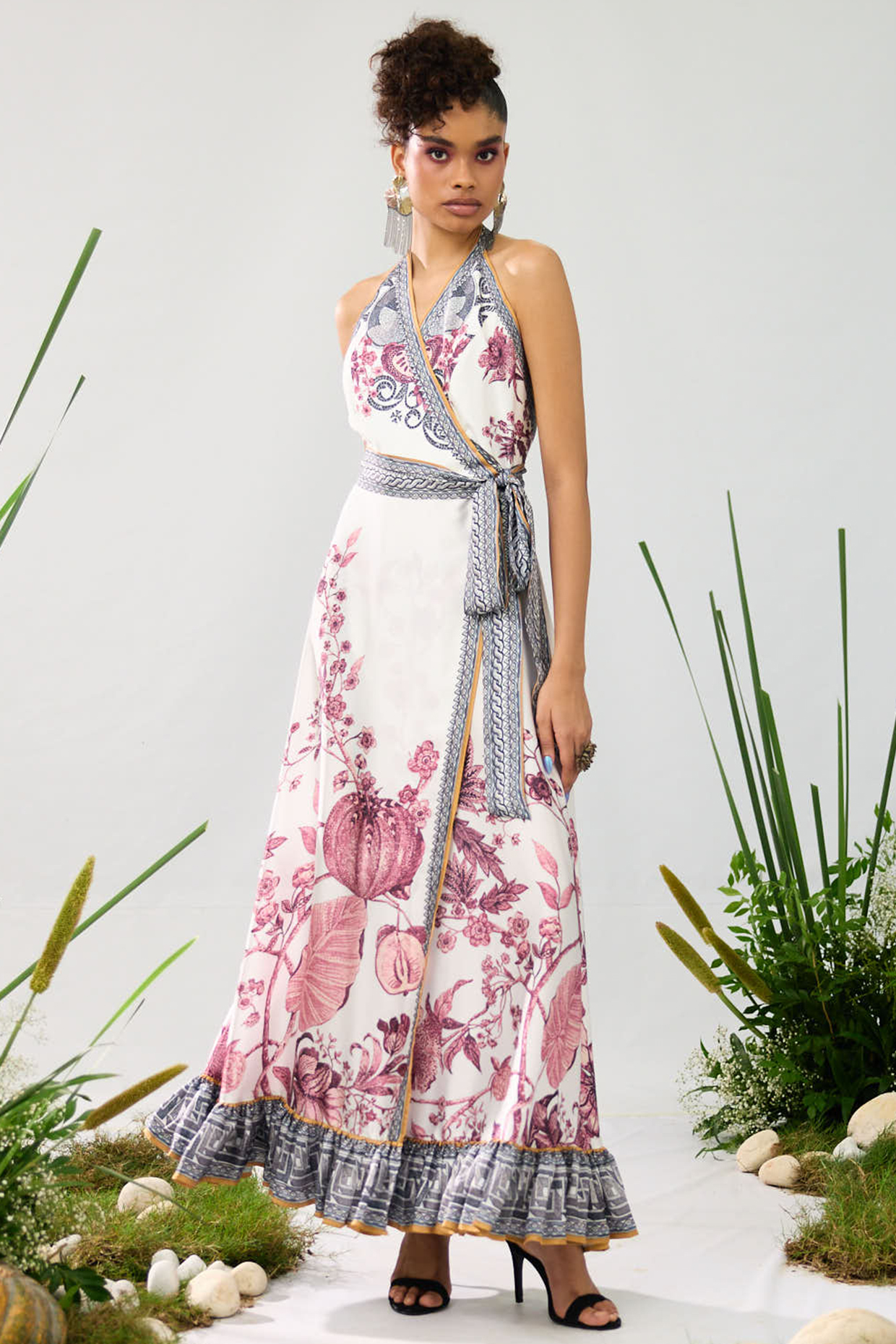 White & Raspberry Satin Printed Wrap Halter Maxi Vacation Dress by Rajdeep Ranawat at Pernia's Pop Up Shop