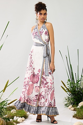 White & Raspberry Satin Printed Wrap Halter Maxi Dress by Rajdeep Ranawat