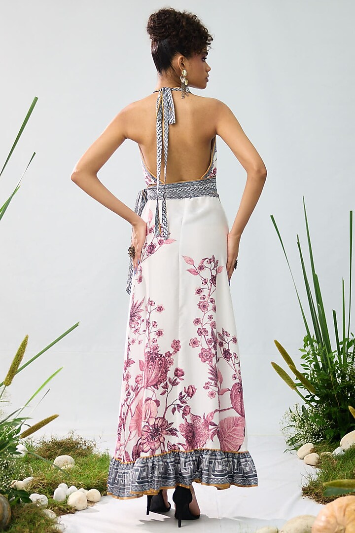 White & Raspberry Satin Printed Wrap Halter Maxi Cocktail Dress by Rajdeep Ranawat at Pernia's Pop Up Shop