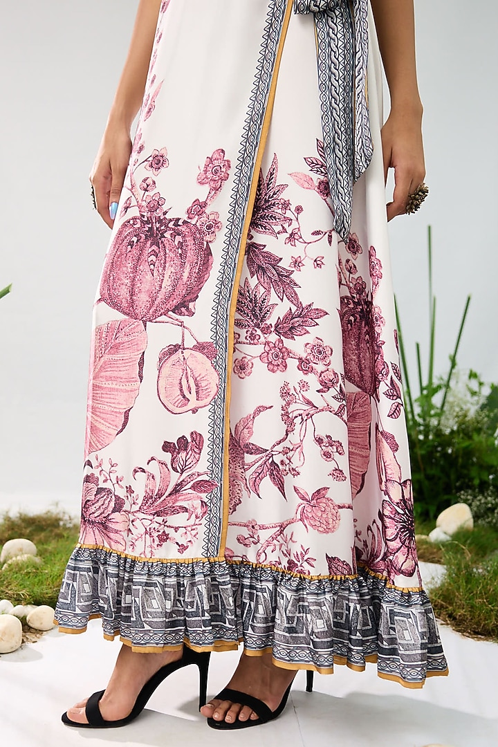 White & Raspberry Satin Printed Wrap Halter Maxi Cocktail Dress by Rajdeep Ranawat at Pernia's Pop Up Shop