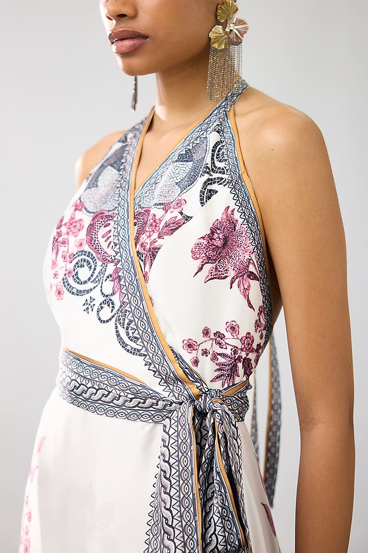 White & Raspberry Satin Printed Wrap Halter Maxi Cocktail Dress by Rajdeep Ranawat at Pernia's Pop Up Shop