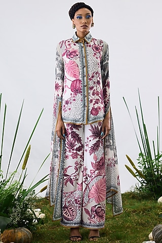 White & Raspberry Silk Printed Shirt by Rajdeep Ranawat