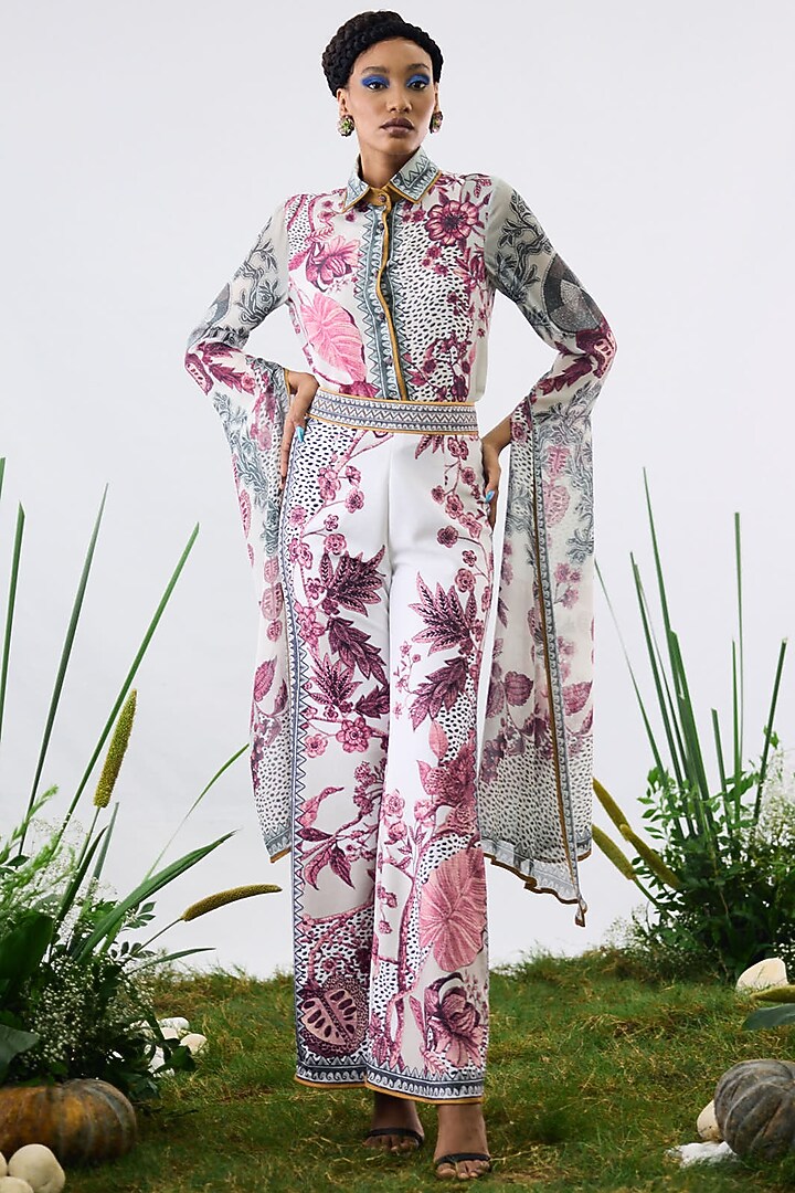 White & Raspberry Silk Printed Shirt by Rajdeep Ranawat at Pernia's Pop Up Shop
