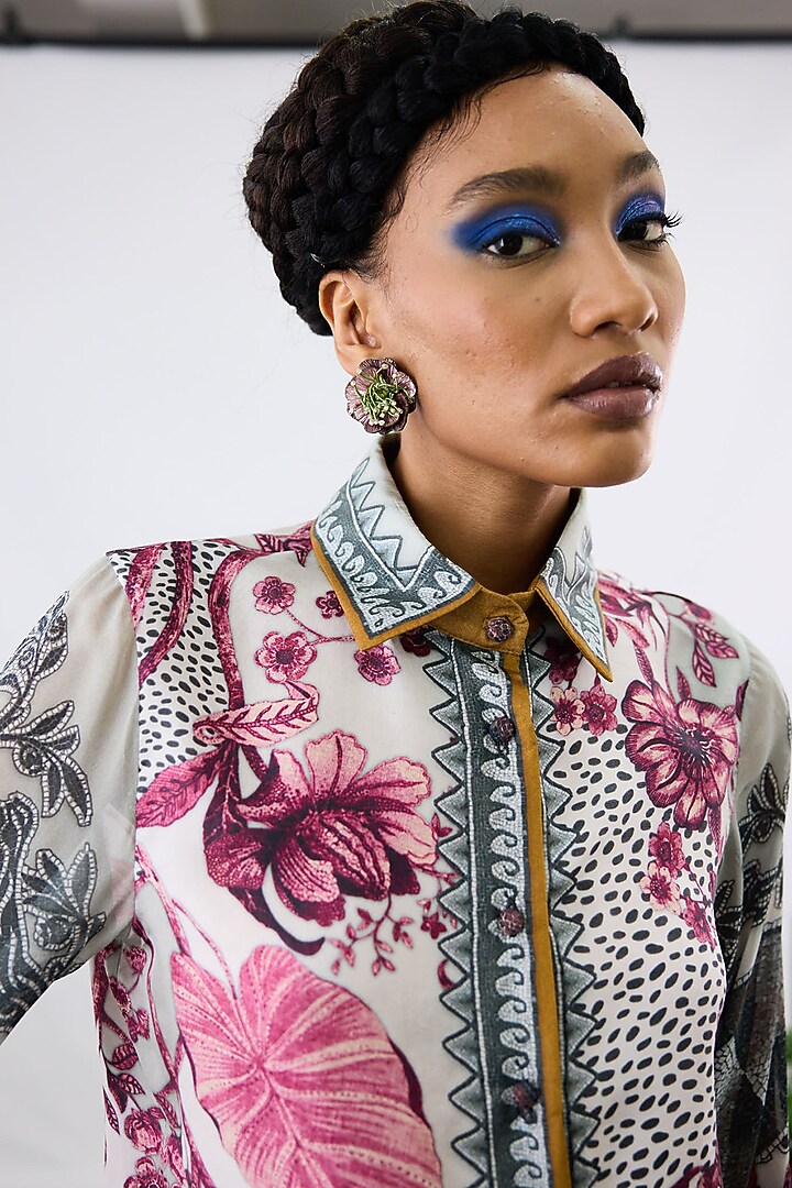 White & Raspberry Silk Printed Shirt by Rajdeep Ranawat at Pernia's Pop Up Shop