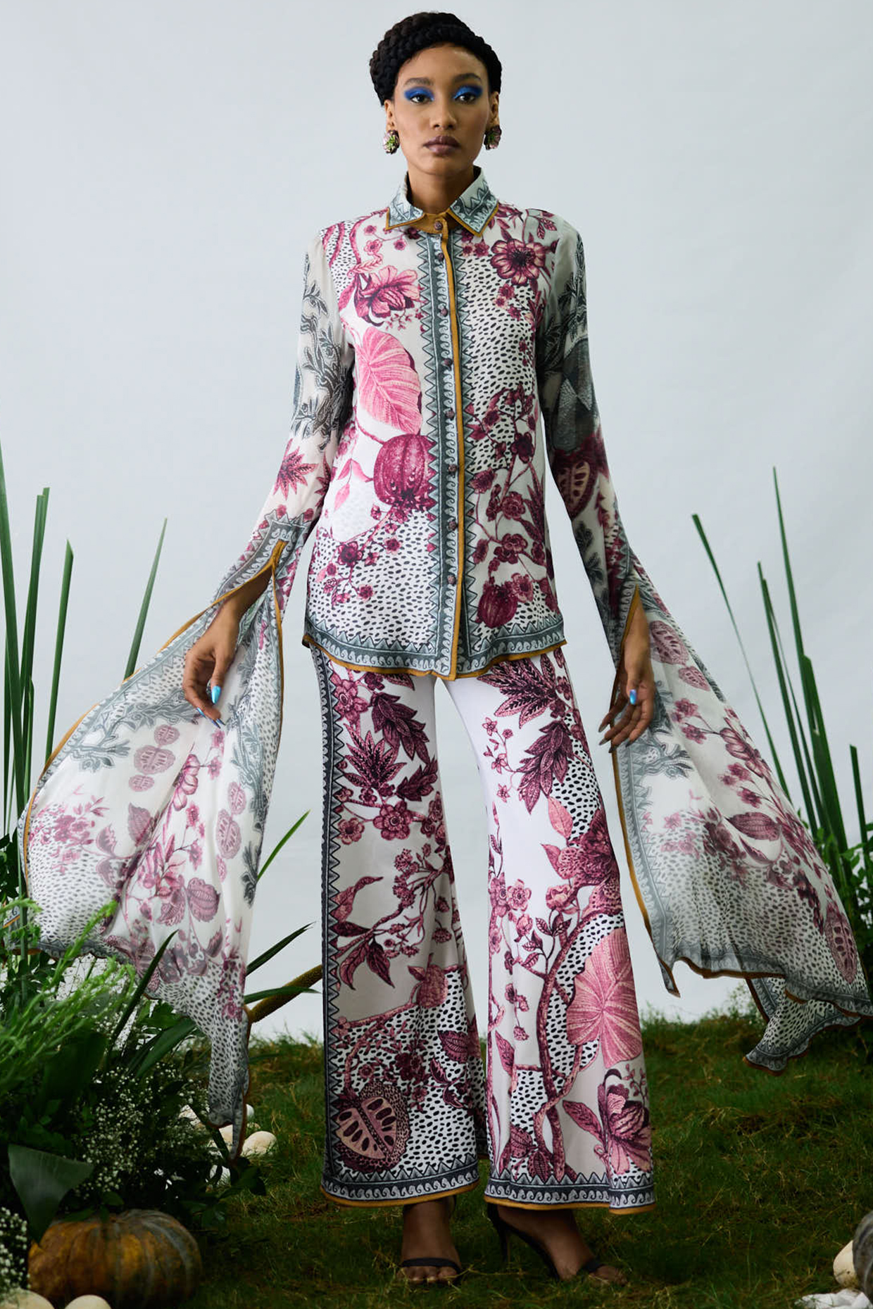White & Raspberry Poly Lycra Printed Bell-Bottom Pants by Rajdeep Ranawat at Pernia's Pop Up Shop