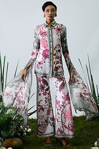 White & Raspberry Poly Lycra Printed Bell-Bottom Pants by Rajdeep Ranawat