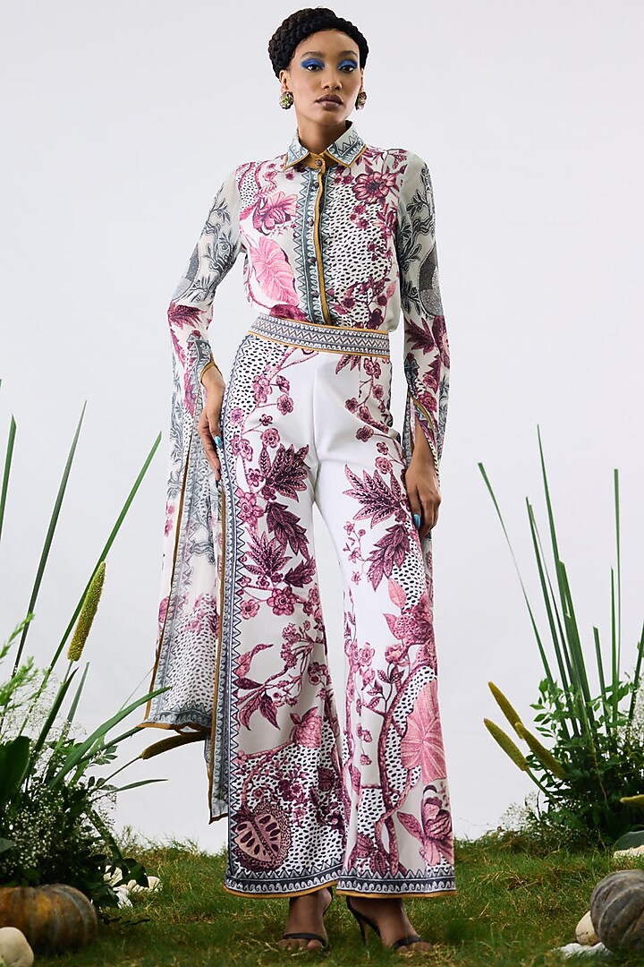 White & Raspberry Poly Lycra Printed Bell-Bottom Pants by Rajdeep Ranawat at Pernia's Pop Up Shop