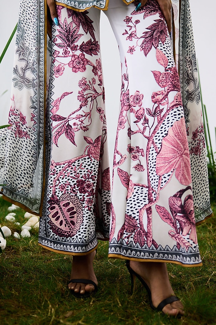 White & Raspberry Poly Lycra Printed Bell-Bottom Pants by Rajdeep Ranawat at Pernia's Pop Up Shop