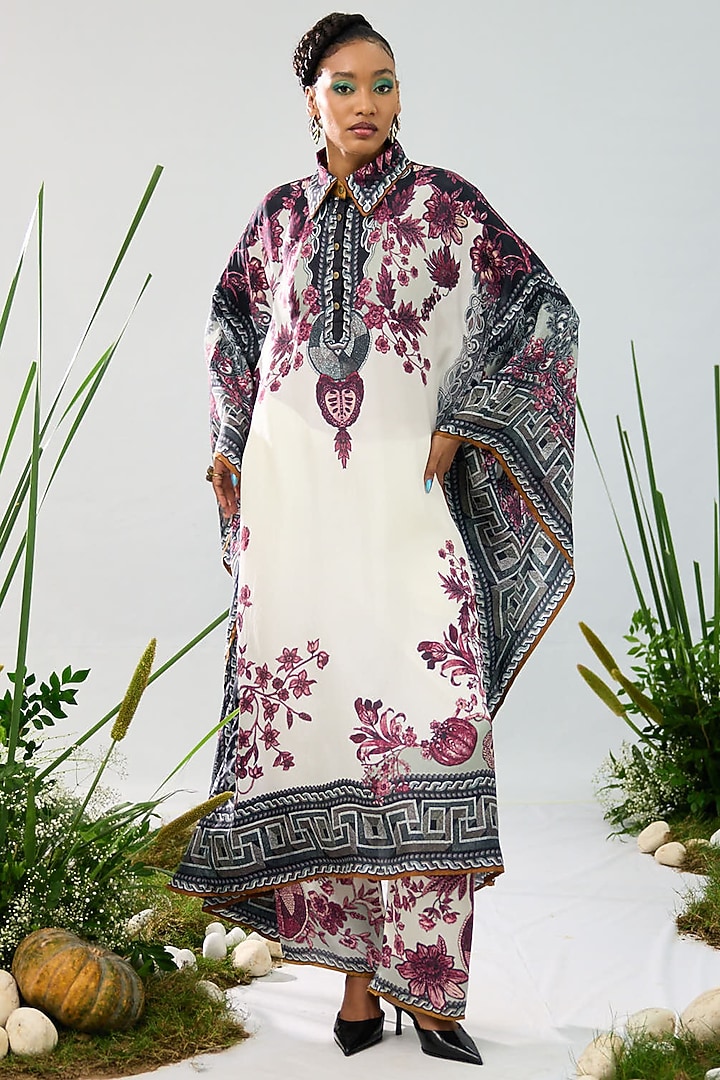 White & Raspberry Silk Printed Boxy Kaftan by Rajdeep Ranawat at Pernia's Pop Up Shop