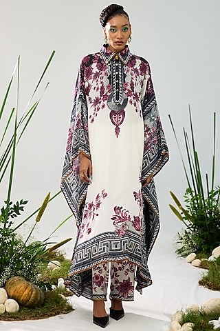 White & Raspberry Modal Satin Printed Pants by Rajdeep Ranawat