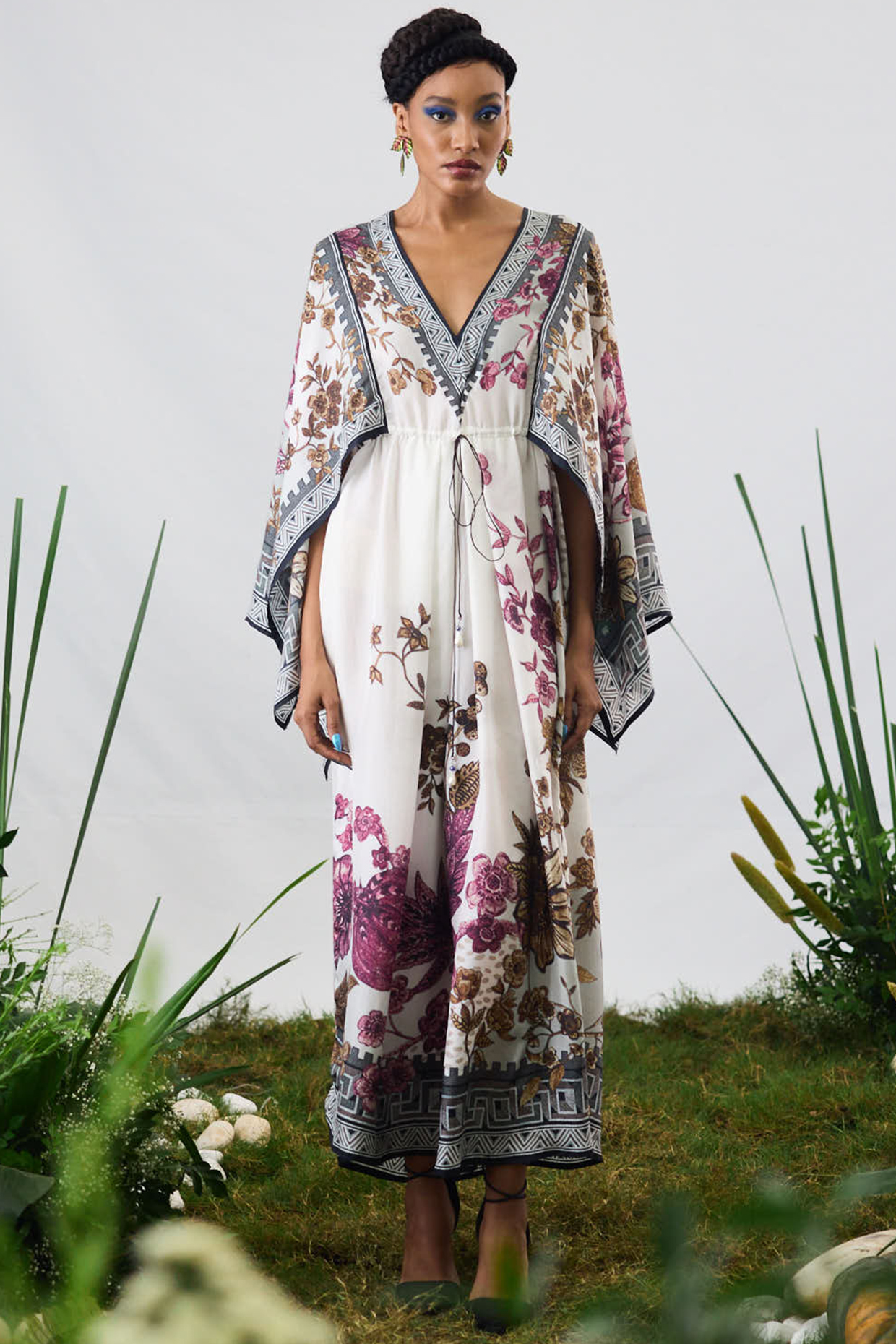 Raspberry & Gold Silk Printed Draped Kaftan Cocktail Dress by Rajdeep Ranawat at Pernia's Pop Up Shop