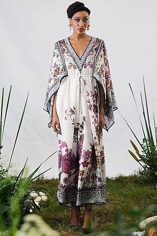Raspberry & Gold Silk Printed Draped Kaftan Dress by Rajdeep Ranawat
