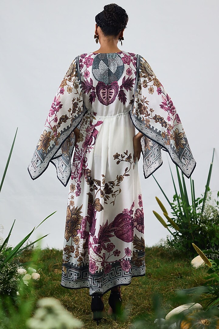 Raspberry & Gold Silk Printed Draped Kaftan Cocktail Dress by Rajdeep Ranawat at Pernia's Pop Up Shop