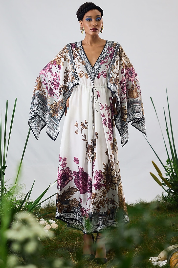 Raspberry & Gold Silk Printed Draped Kaftan Cocktail Dress by Rajdeep Ranawat at Pernia's Pop Up Shop