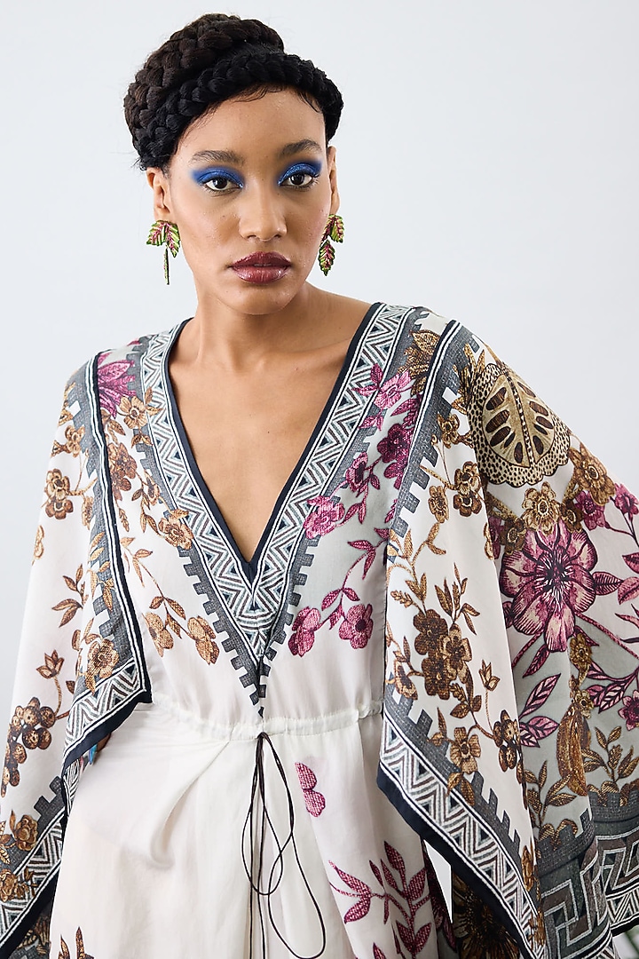 Raspberry & Gold Silk Printed Draped Kaftan Cocktail Dress by Rajdeep Ranawat at Pernia's Pop Up Shop