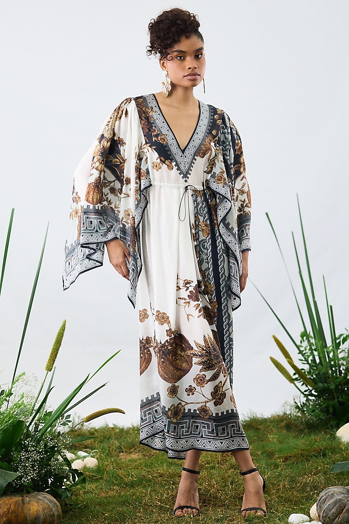 Gold & Black Silk Printed Draped Kaftan Cocktail Dress by Rajdeep Ranawat at Pernia's Pop Up Shop
