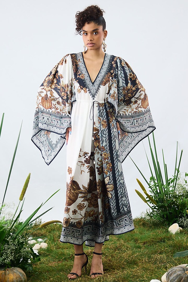 Gold & Black Silk Printed Draped Kaftan Cocktail Dress by Rajdeep Ranawat at Pernia's Pop Up Shop