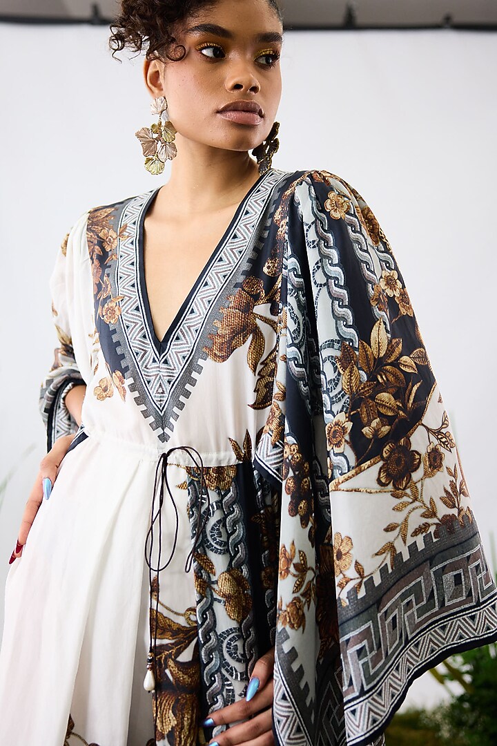 Gold & Black Silk Printed Draped Kaftan Cocktail Dress by Rajdeep Ranawat at Pernia's Pop Up Shop