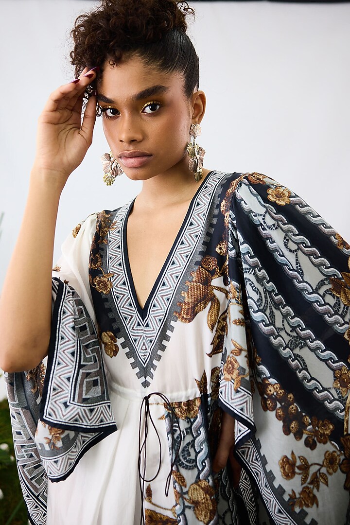 Gold & Black Silk Printed Draped Kaftan Cocktail Dress by Rajdeep Ranawat at Pernia's Pop Up Shop