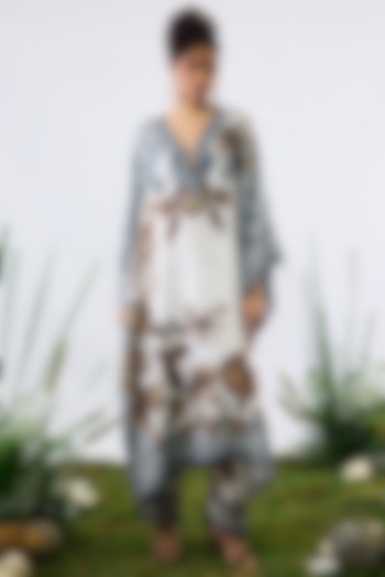 Gold & White Silk Printed Kaftan Vacation Dress by Rajdeep Ranawat at Pernia's Pop Up Shop