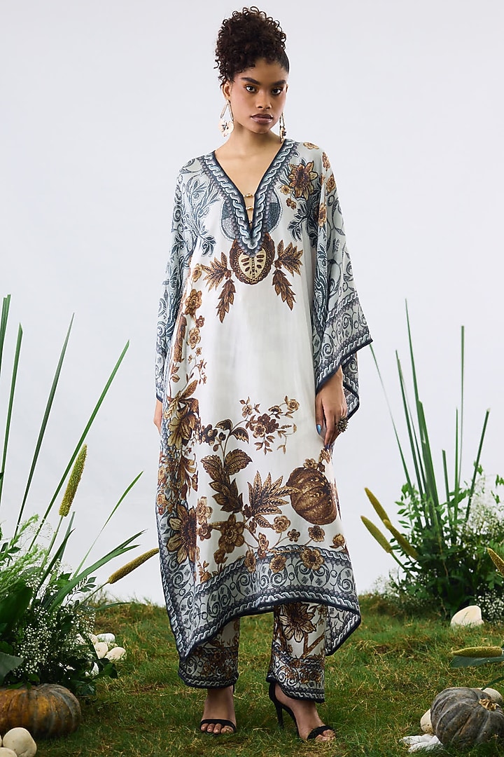 Gold & White Silk Printed Kaftan Vacation Dress by Rajdeep Ranawat at Pernia's Pop Up Shop