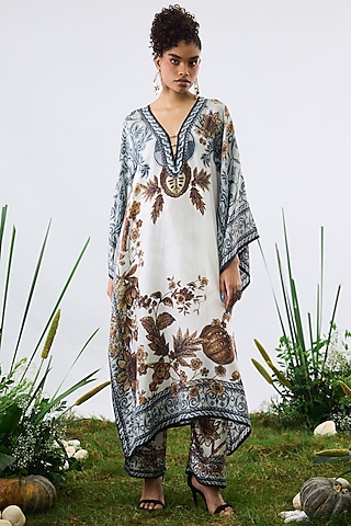 Gold & White Silk Printed Kaftan Dress by Rajdeep Ranawat
