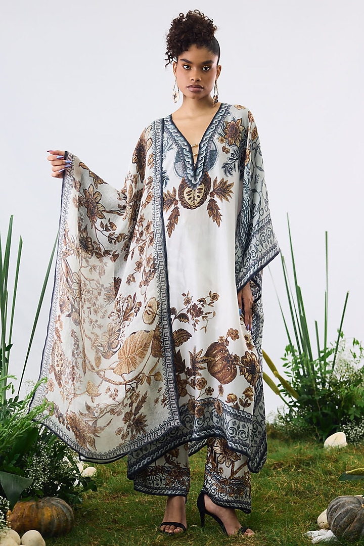 Gold & White Silk Printed Kaftan Vacation Dress by Rajdeep Ranawat at Pernia's Pop Up Shop