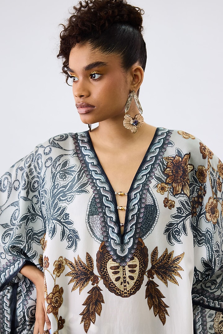 Gold & White Silk Printed Kaftan Vacation Dress by Rajdeep Ranawat at Pernia's Pop Up Shop